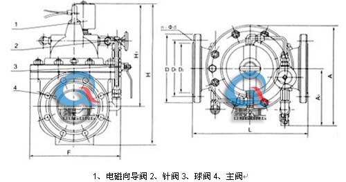 600X電動(dòng)控制閥 外形結構圖(1、電磁向導閥2、針閥3、球閥4、主閥)